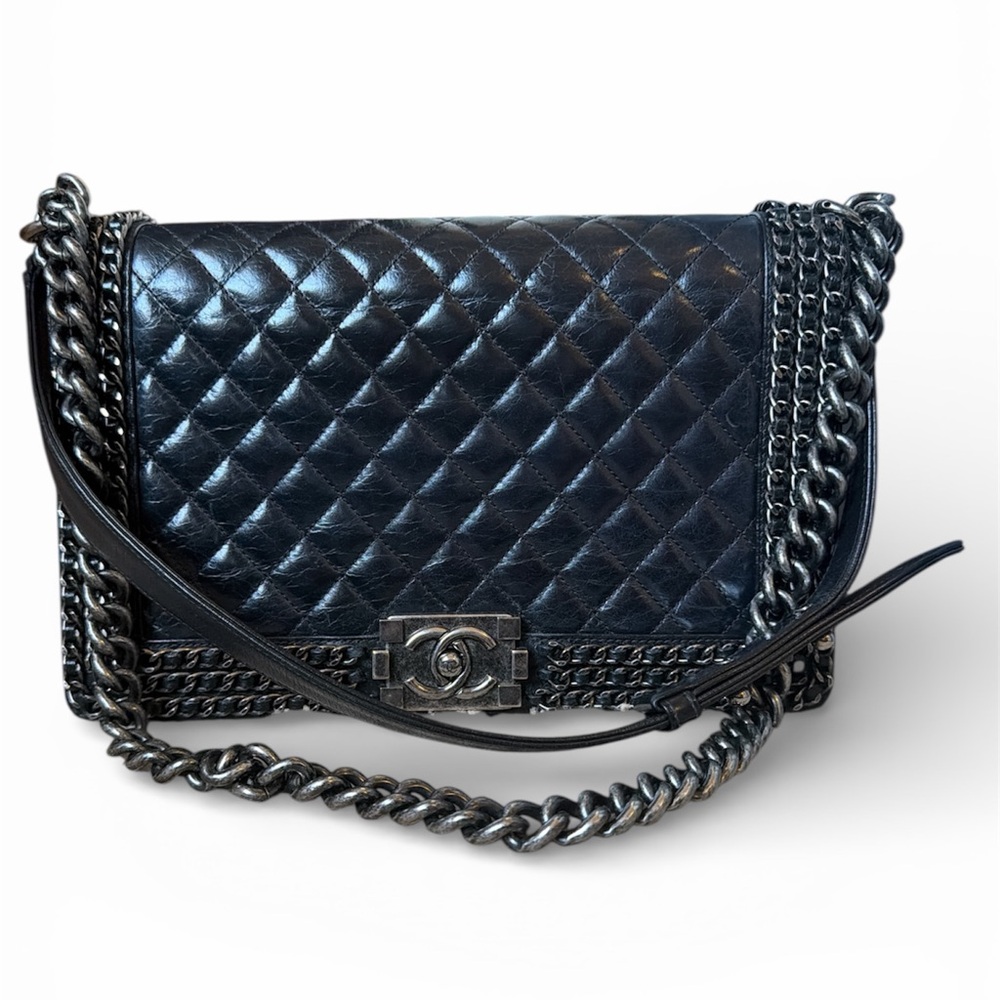 CHANEL Boy Shoulder Bag Round Chain Limited Black Quilted Calf 28cm Preowned